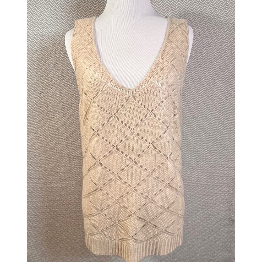Womens Beige Diamond Pointelle Knit V-Neck Sweater Vest Size L
